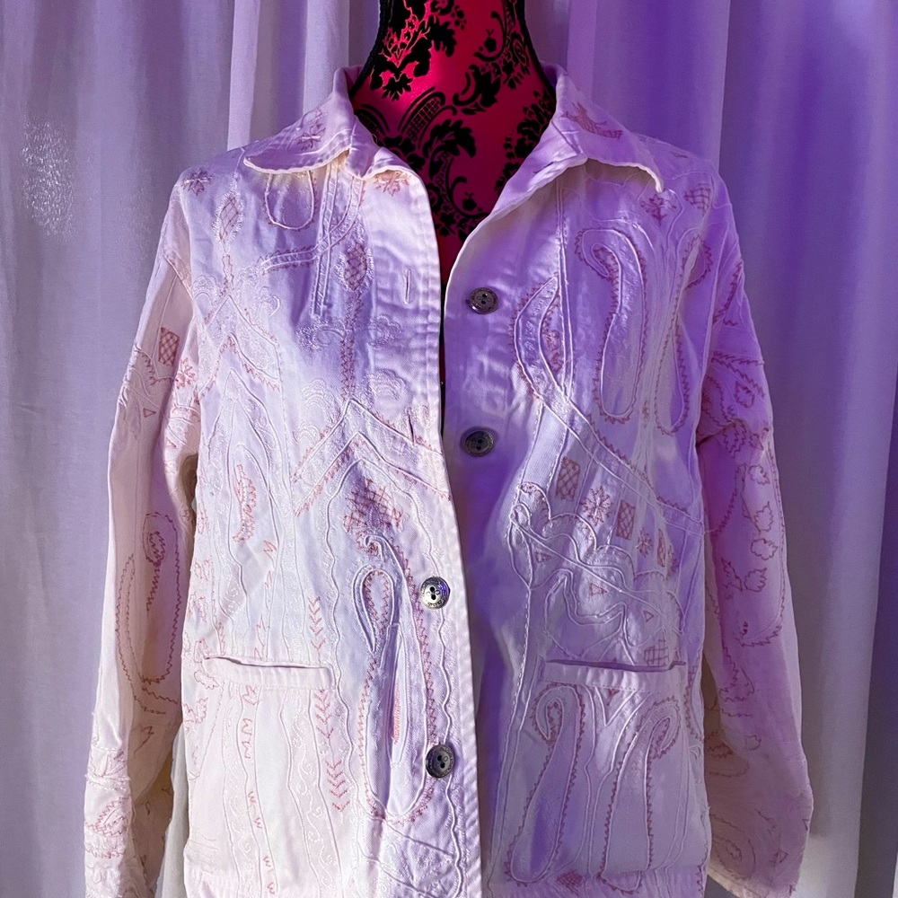 Chico’s Design Jean Jacket With Stitched Design: White & Pink